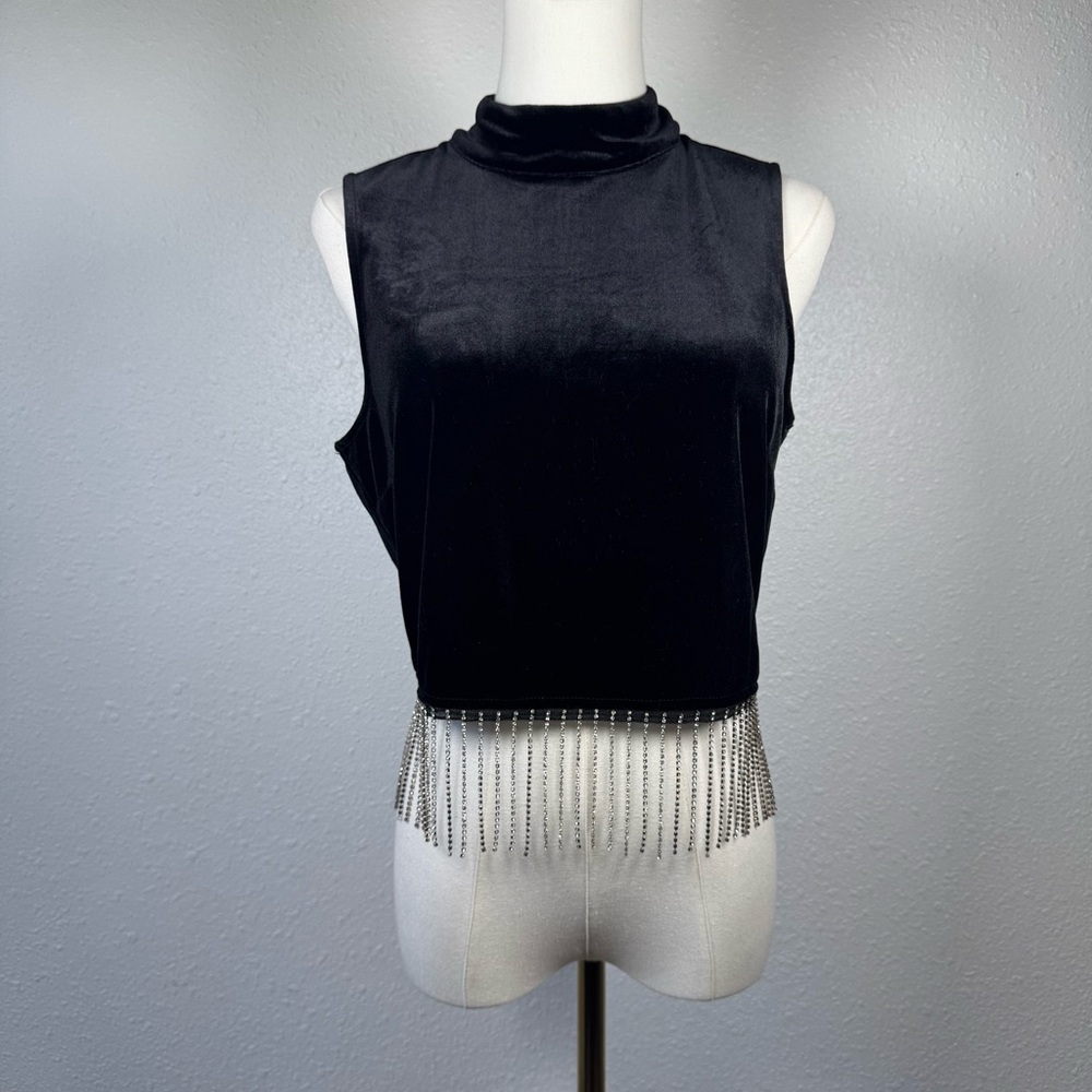 Skies Are Blue Black Velvet Rhinestone Fringe Crop Top Mock Neck Western Glam S